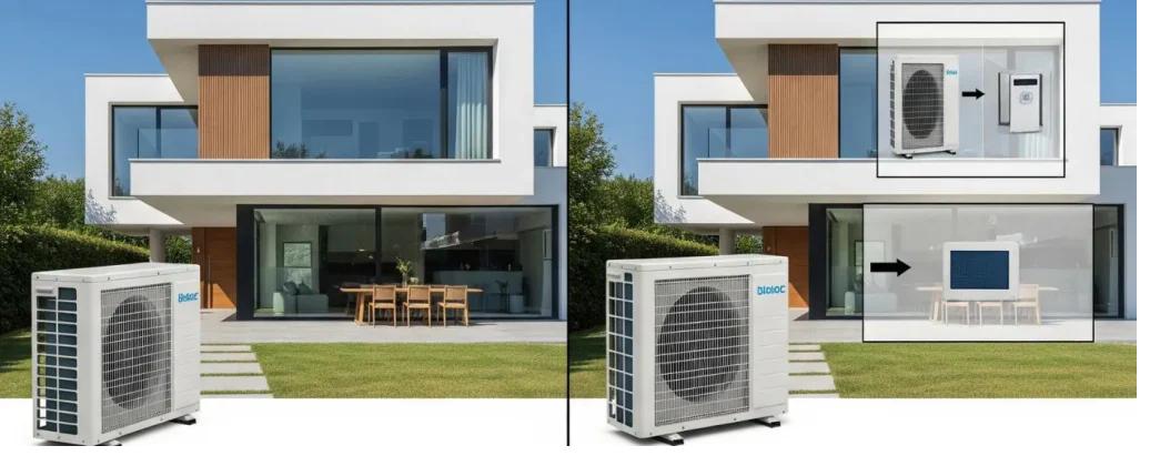 Comparativa visual entre aerotermia monobloc y bibloc en vivienda