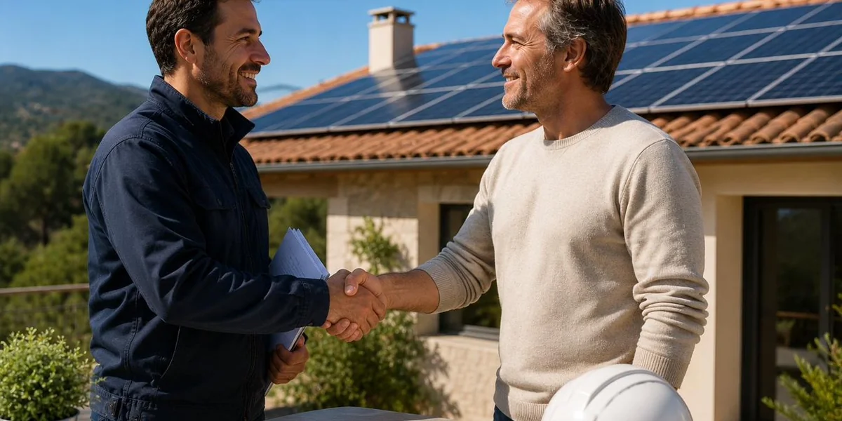 Cliente y técnico instalador firmando contrato de instalación de placas solares en Mallorca