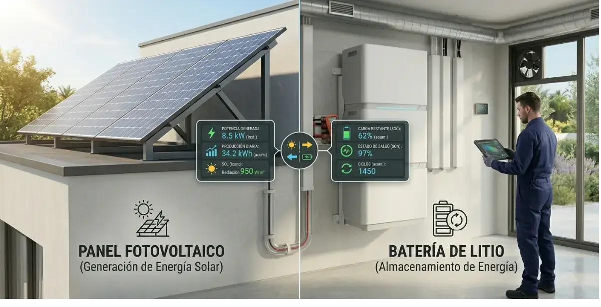 Comparativa visual entre panel fotovoltaico y batería de litio