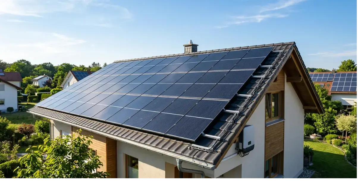 Placas fotovoltaicas instaladas en cubierta de tejado residencial