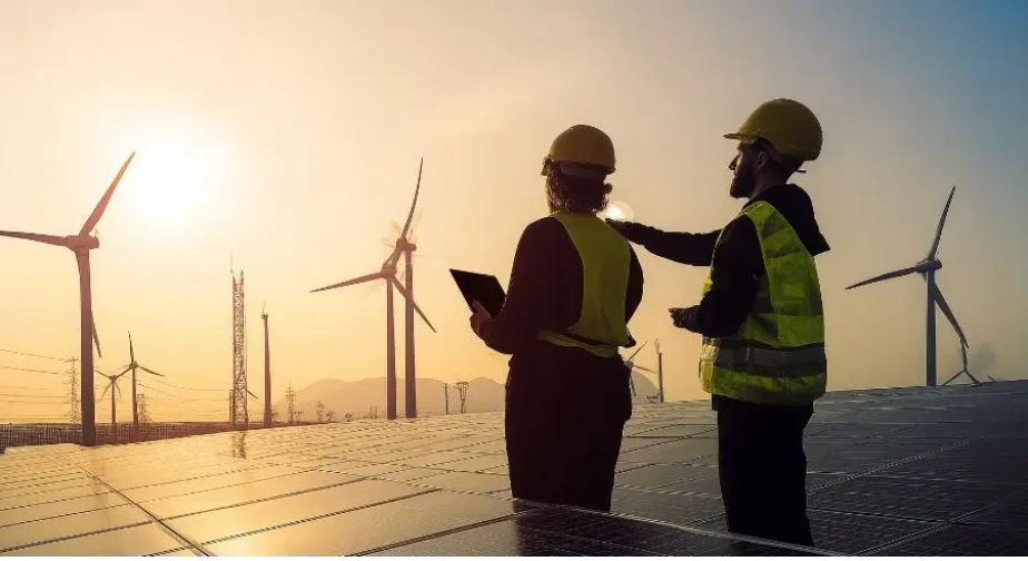 Paneles solares y aerogeneradores representando las energías renovables