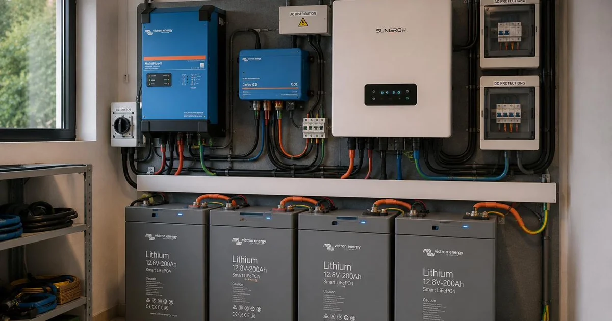Sala técnica con baterías de litio Victron LiFePO4 e inversor Sungrow en instalación fotovoltaica con almacenamiento en Mallorca